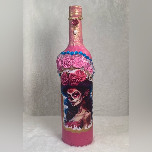 Hand Painted-Decoupaged Sugar Skull-Dia De Los Muertos-Day of the Dead Bottle - Picture 11 of 13